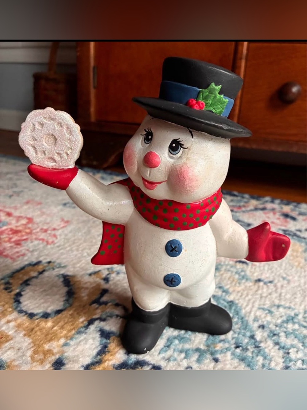 Vtg Ceramic Hand-Painted Festive Red-Scarf Snowman Figurine